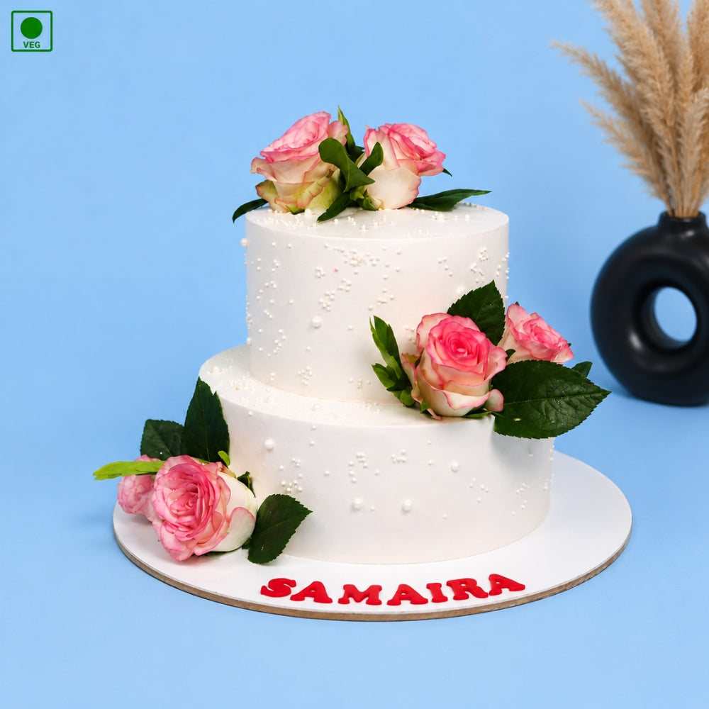 2 Tier Pink Rose Anniversary Cake - Gurgaon, Delhi & Noida