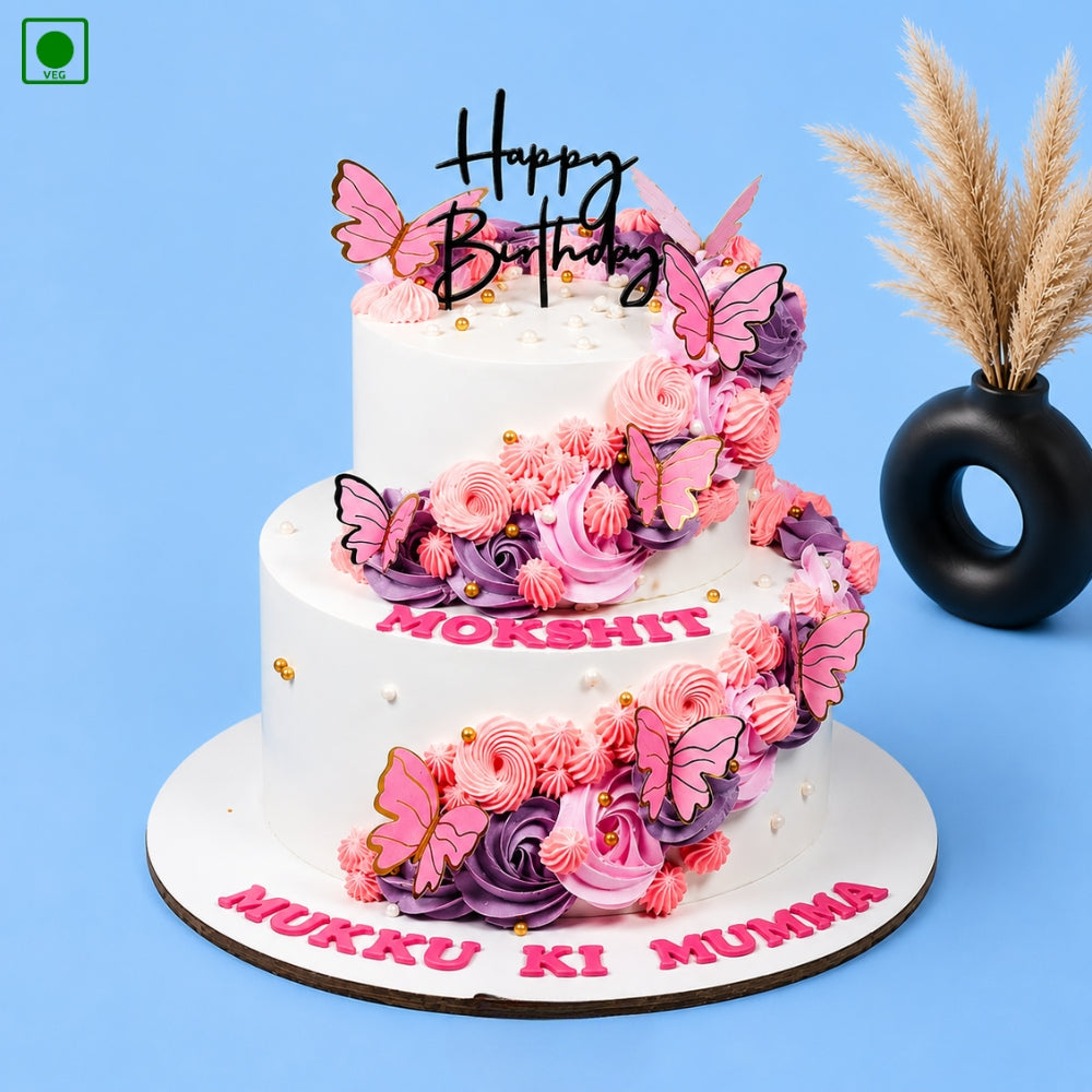 Butterfly Blossom Two-Tier Birthday Cake - Gurgaon, Delhi & Noida