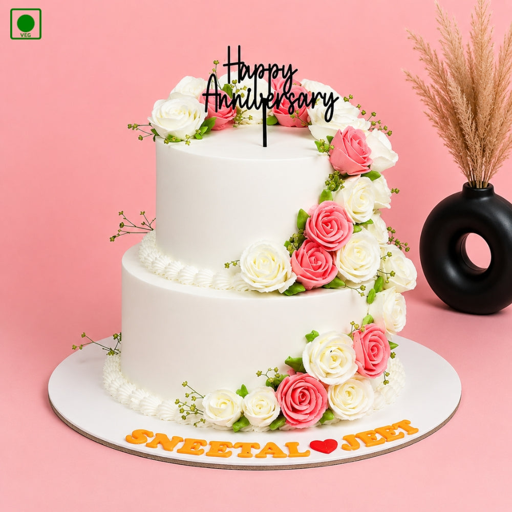 Colorful Cream Flower Anniversary Cake - Gurgaon, Delhi & Noida
