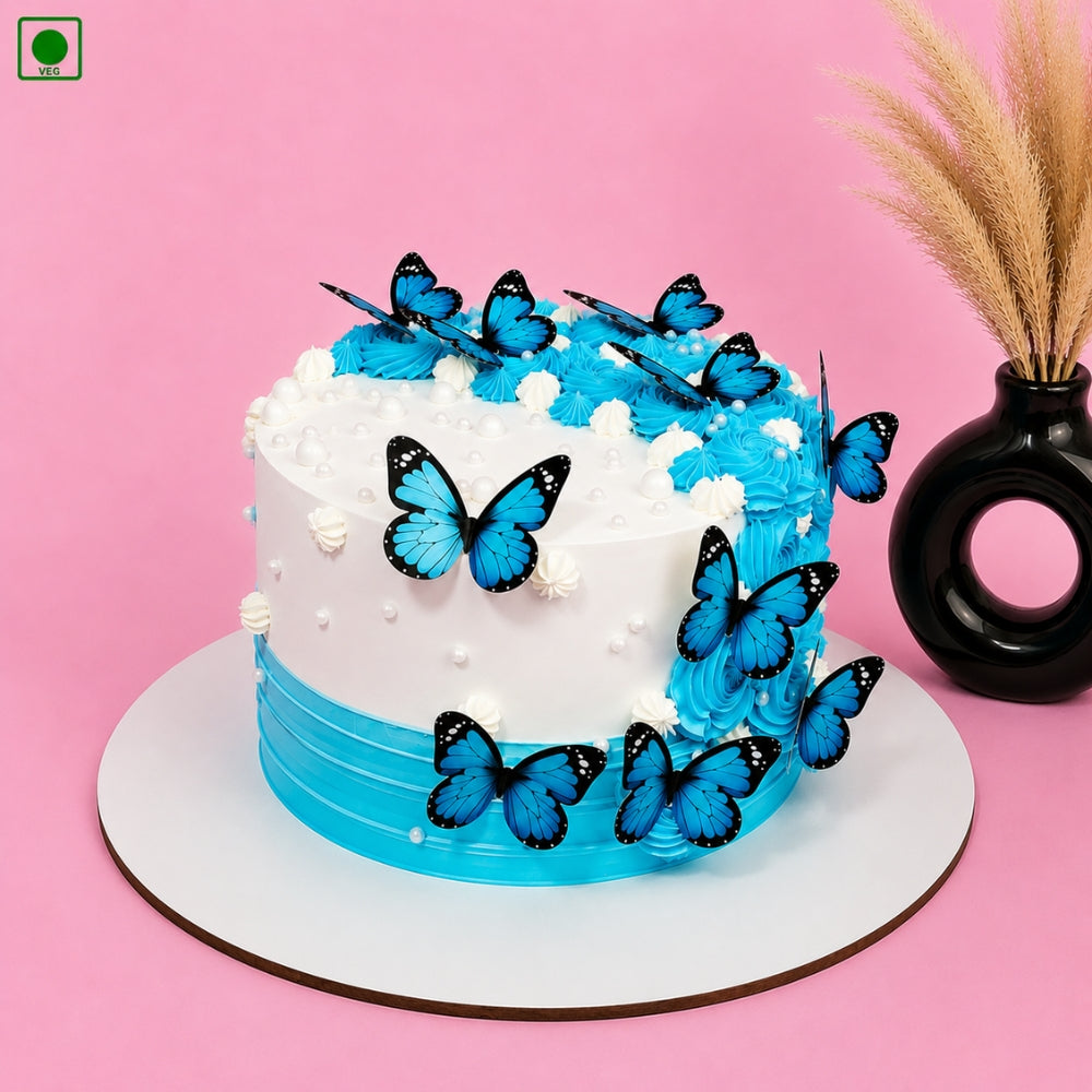 Elegant Blue Floral Butterfly Cake - Gurgaon, Delhi & Noida