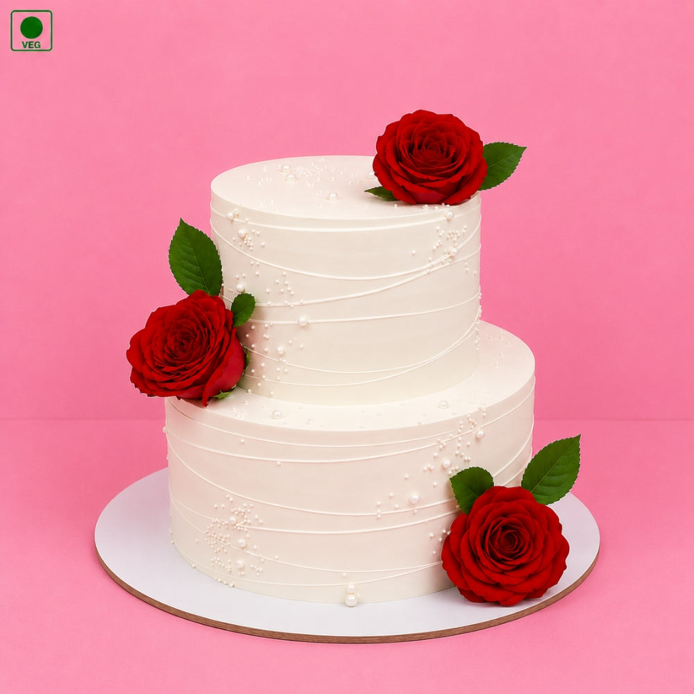 Two Tier Red Rose Designer Cake - Gurgaon, Delhi & Noida
