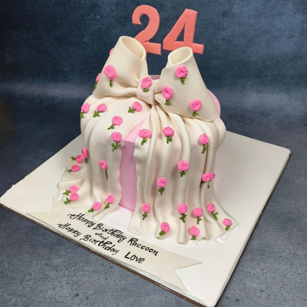 White Bow Floral Designer Theme Cake - Gurgaon & Delhi NCR | Cakofy