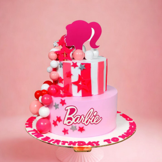 Barbie-themed birthday cake with pink and red decorations on a pink background