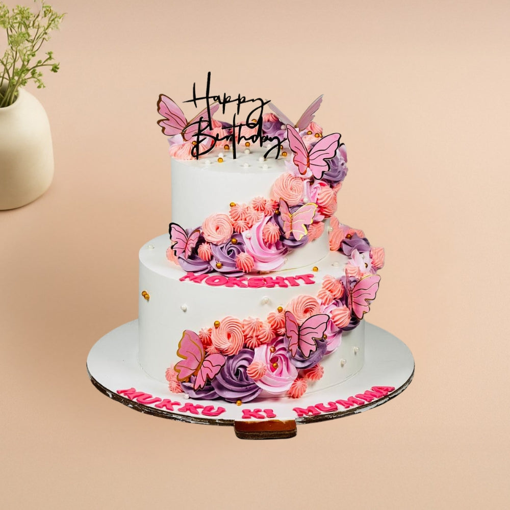 Butterfly Blossom Two-Tier Birthday Cake -Gurgaon & Delhi NCR | Cakofy