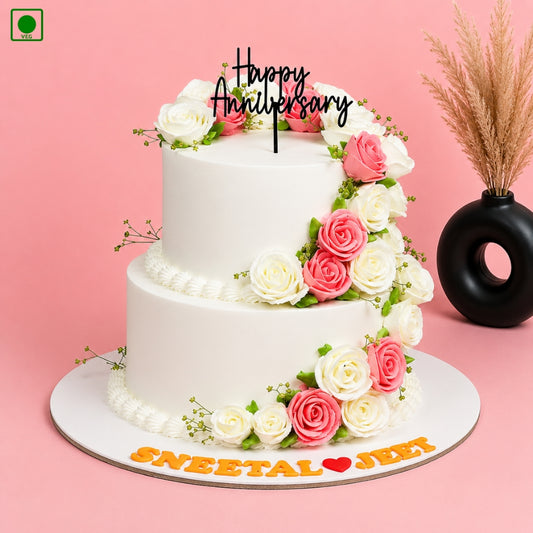 Colorful Cream Flower Anniversary Cake - Gurgaon, Delhi & Noida