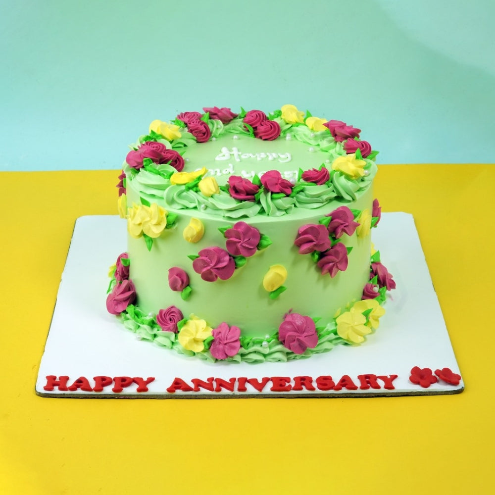 Garden Bloom Floral Anniversary Designer Cake - Gurgaon & Delhi NCR | Cakofy