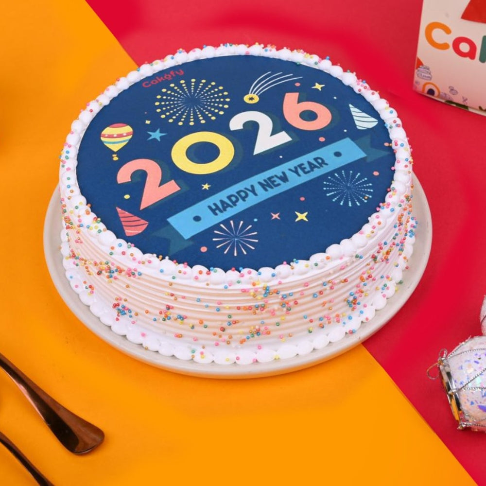 Happy New Year Blue Poster Cake - Gurgaon & Delhi NCR | Cakofy