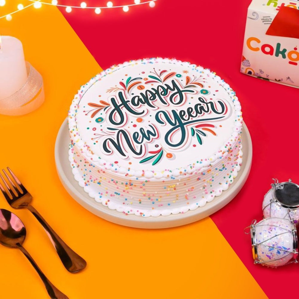 Happy New Year White  Poster Cake - Gurgaon & Delhi NCR | Cakofy