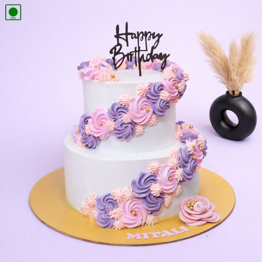 Lavender Pink Floral Two-Tier Cake - Gurgaon & Delhi NCR | Cakofy