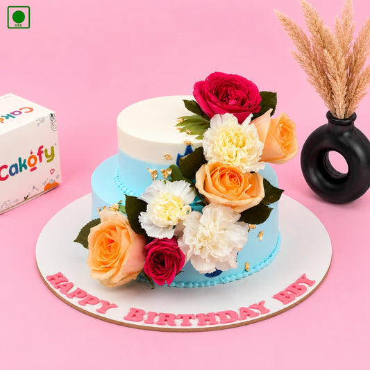 Pastel Blue Fresh Flower Designer Cake - Gurgaon, Delhi & Noida