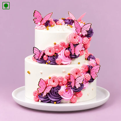 Pink Butterfly Two Tier Cake - Gurgaon, Delhi & Noida