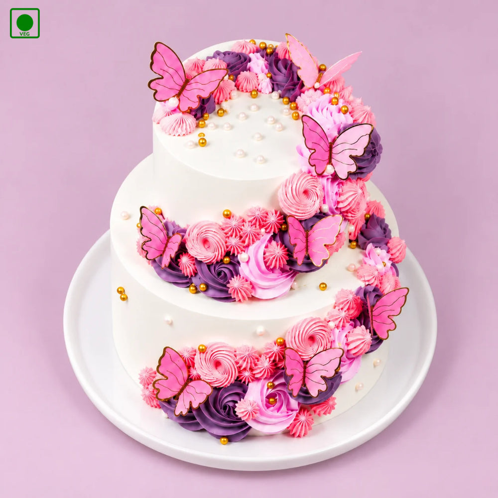 Pink Butterfly Two Tier Cake - Gurgaon, Delhi & Noida