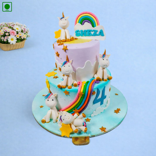 Rainbow Unicorn Two-Tier Birthday Cake - Gurgaon & Delhi NCR | Cakofy