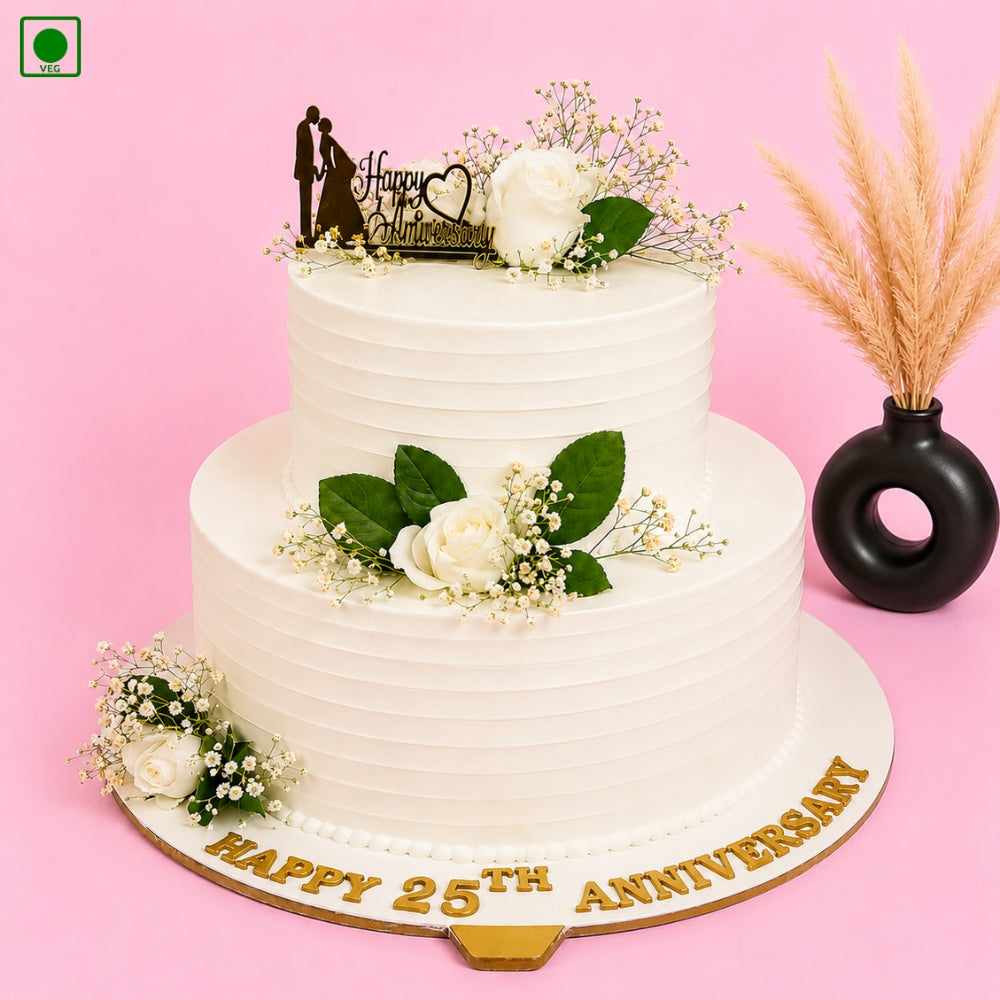 White Flower Anniversary Cake - Gurgaon, Delhi & Noida