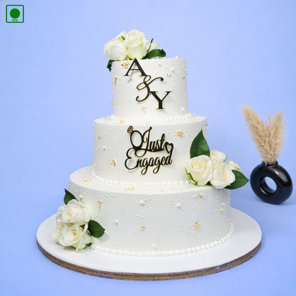 White Rose Engagement Three-Tier Cake - Gurgaon & Delhi NCR | Cakofy