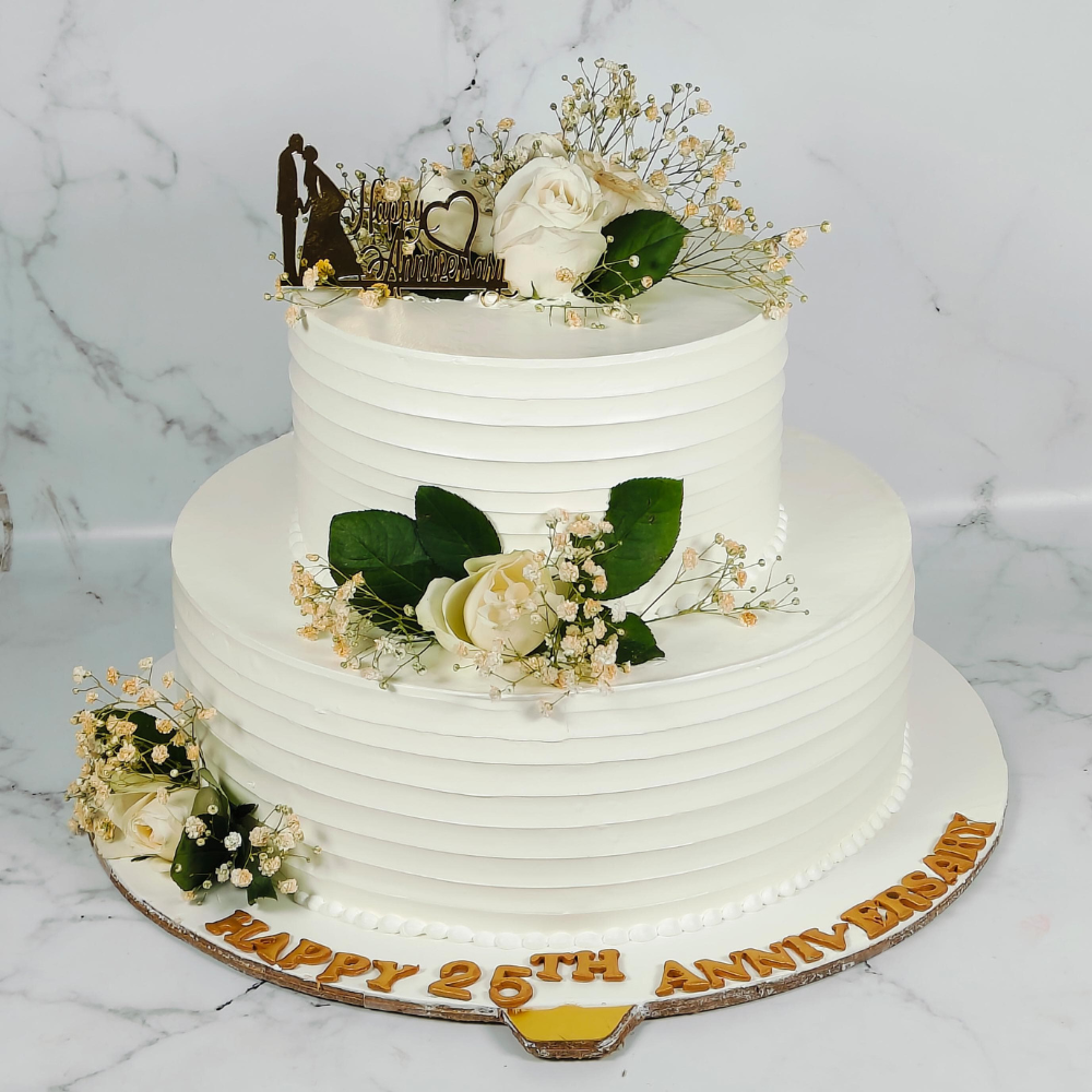 White Flower Anniversary Cake