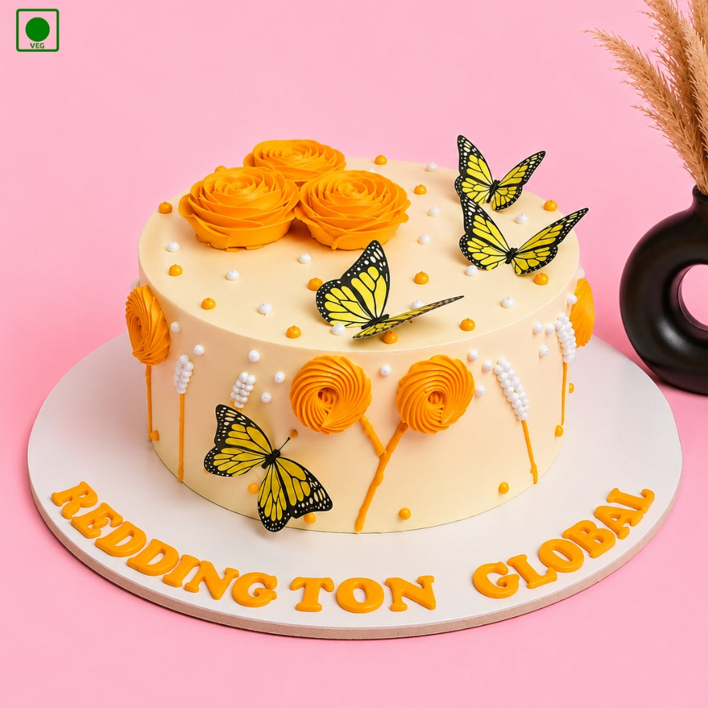 Yellow Butterfly Floral Cake - Gurgaon, Delhi & Noida