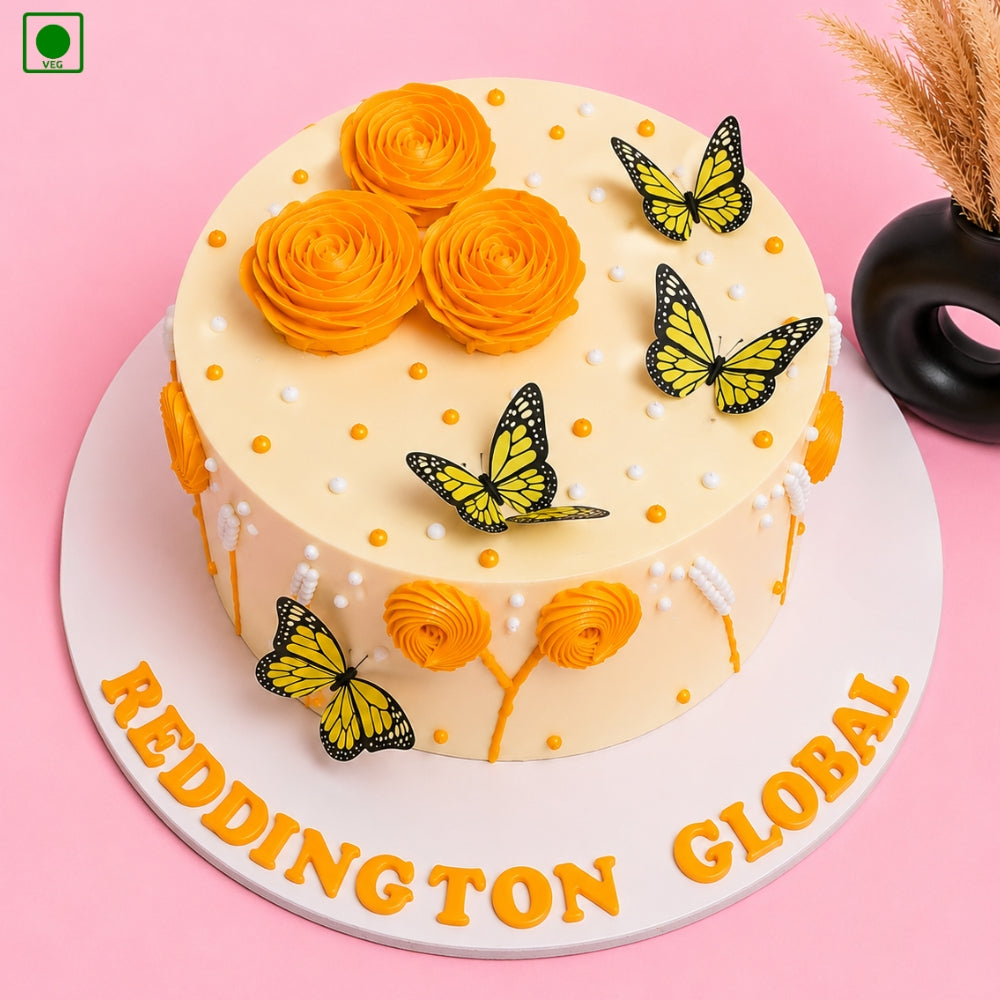 Yellow Butterfly Floral Cake - Gurgaon, Delhi & Noida