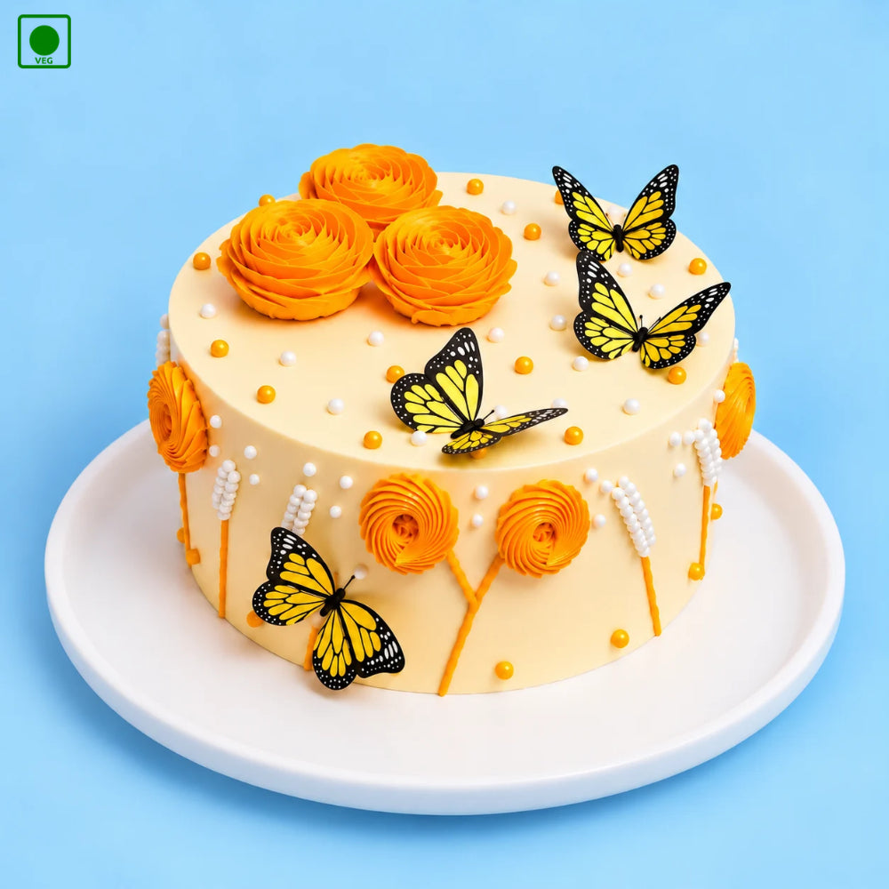 Yellow Butterfly Floral Cake