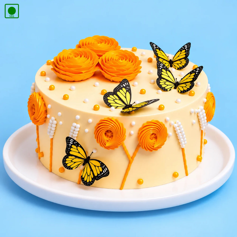 Yellow Butterfly Floral Cake